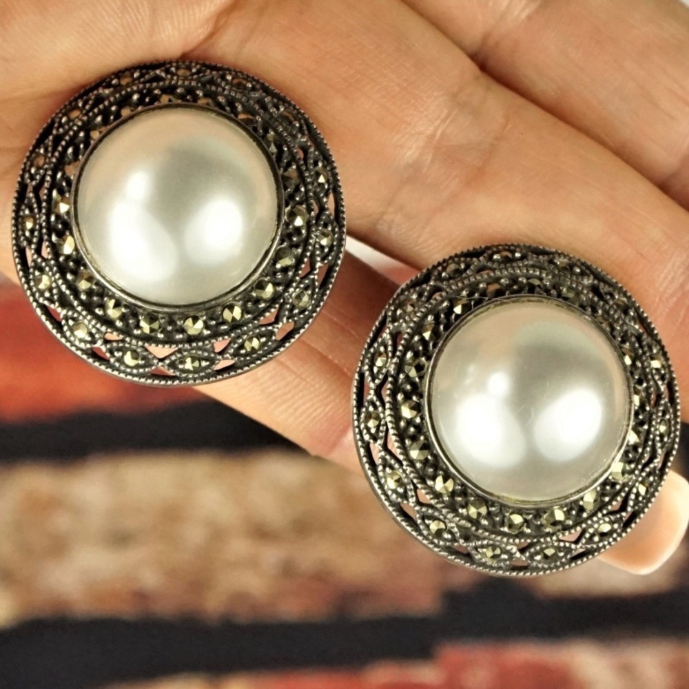 Judith Jack Sterling w/Marcasite and Faux Pearl Earrings